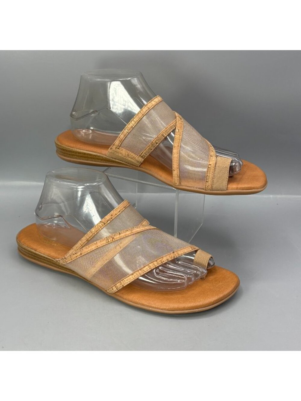 Andre Assous Slide Sandals Womens 10 Tan Mesh Flat Heel Toe Loop Slip On Shoes